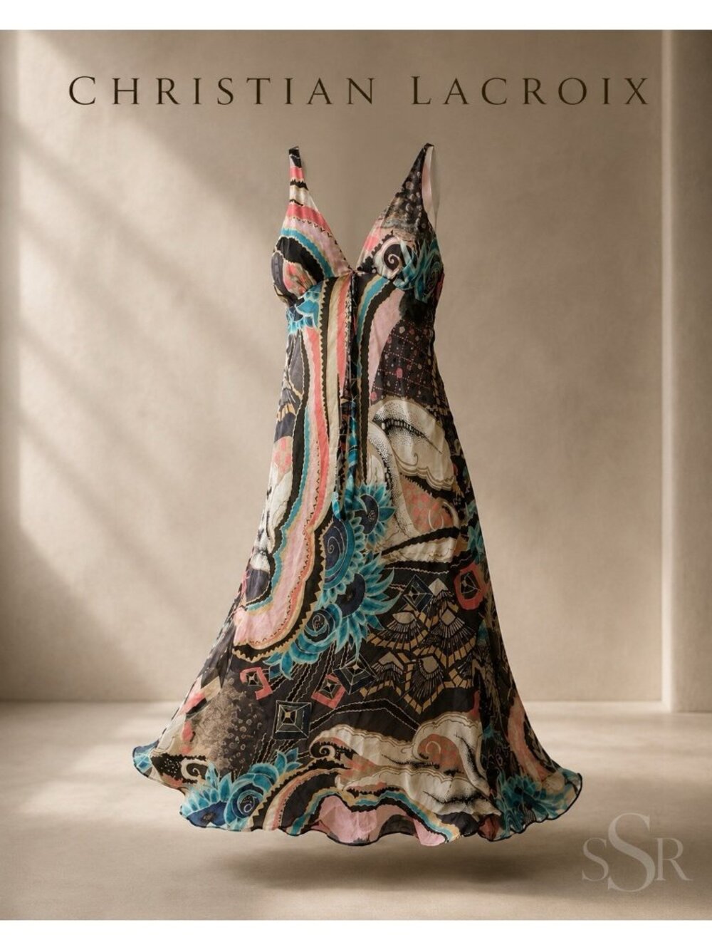Christian Lacroix Silk Abstract Print Maxi Dress FR 38 US 6 V-Neck Empire Resort - Picture 3 of 11